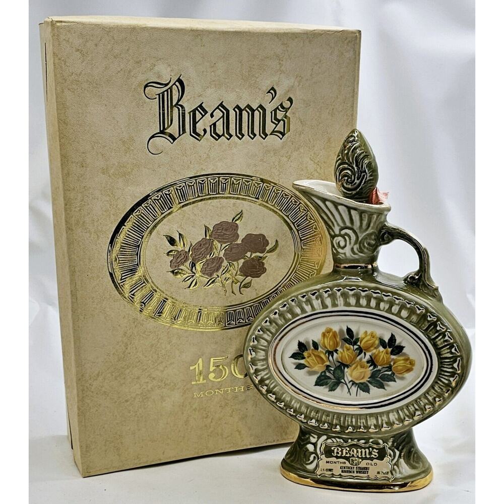 Vtg 150 Months Jim Beam Whiskey Decanter W/Box 1969 Green w/Yellow Roses Empty